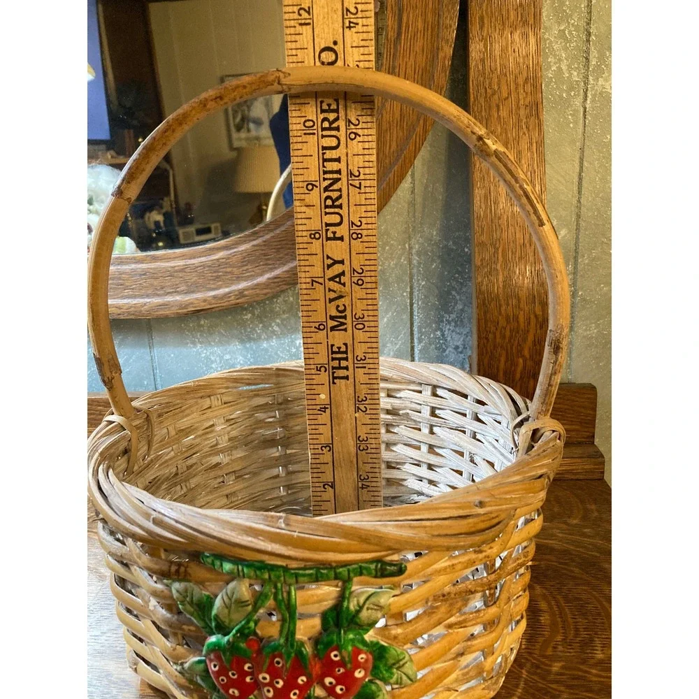 Vintage Wicker Basket with Ceramic Strawberry Accent Cottagecore Round Decor